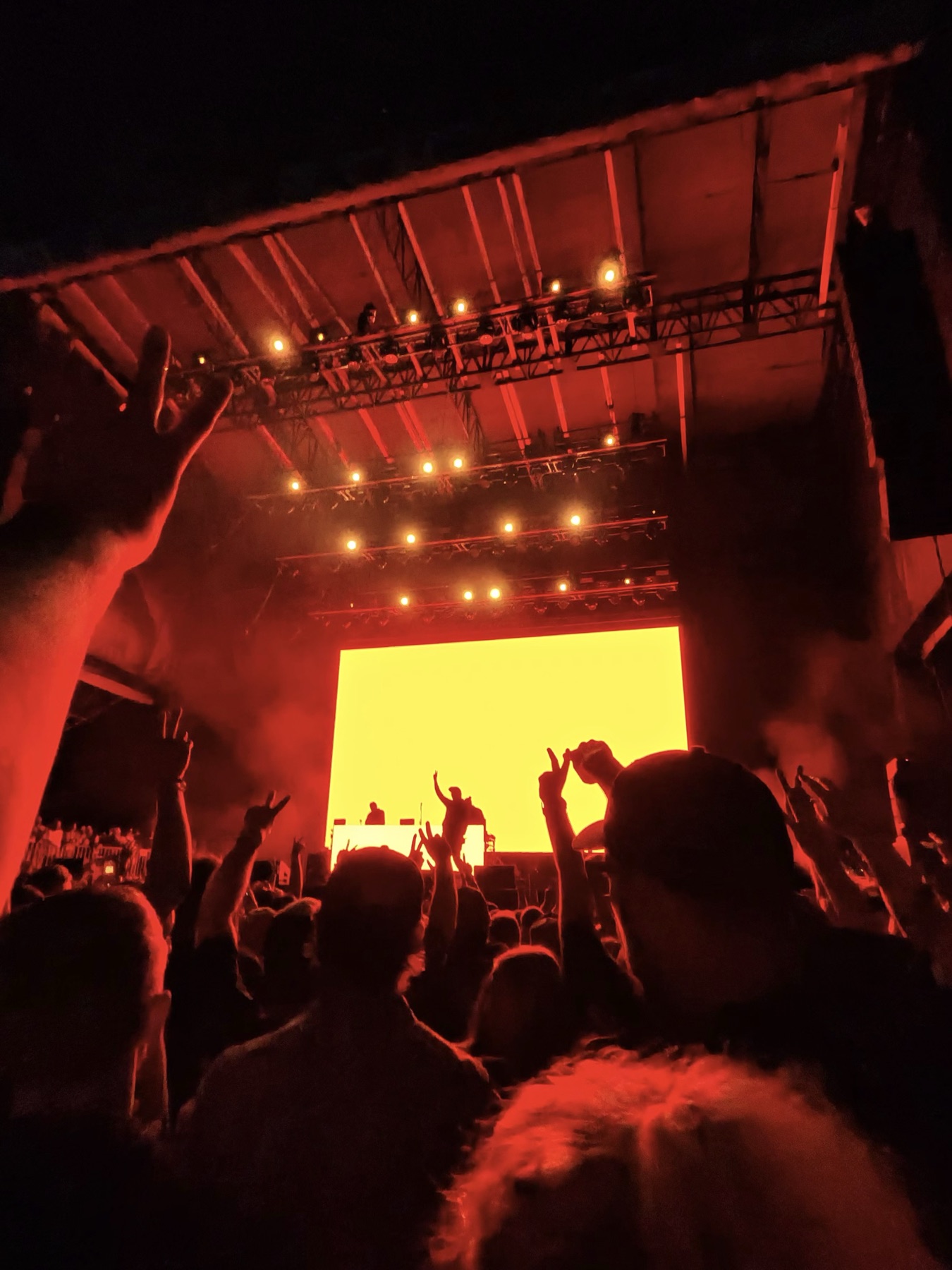 A raised hand throws a peace sign as the crowd faces the red-lit stage